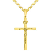 Load image into Gallery viewer, 14k Yellow Gold 3D INRI Catholic Chrisitan Crucifix Cross Pendant With Cable, Curb or Figaro Chain Necklace
