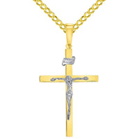 Load image into Gallery viewer, 14k Two-Tone Gold 3D INRI Catholic Chrisitan Crucifix Cross Pendant With Cable, Curb or Figaro Chain Necklace
