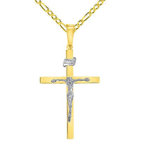Load image into Gallery viewer, 14k Two-Tone Gold 3D INRI Catholic Chrisitan Crucifix Cross Pendant With Cable, Curb or Figaro Chain Necklace
