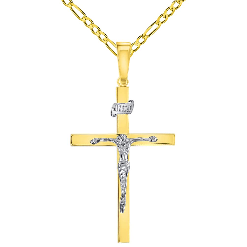 14k Two-Tone Gold 3D INRI Catholic Christian Crucifix Cross Pendant with Figaro Chain Necklace
