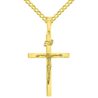 Load image into Gallery viewer, 14k Yellow Gold 3D INRI Catholic Christian Crucifix Cross Pendant with Cuban Chain Curb Necklace

