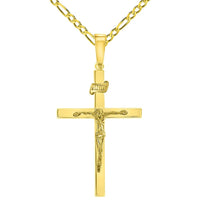 Load image into Gallery viewer, 14k Yellow Gold 3D INRI Catholic Christian Crucifix Cross Pendant with Figaro Chain Necklace
