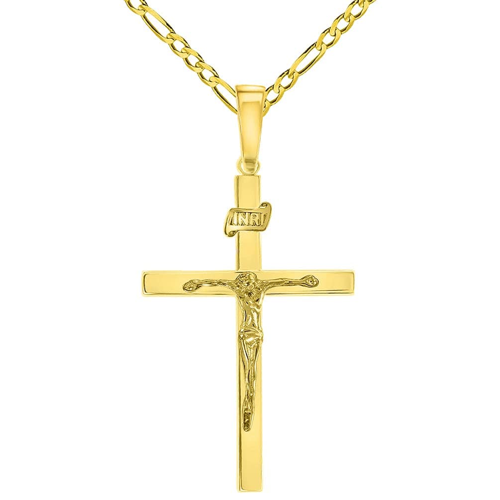 14k Yellow Gold 3D INRI Catholic Christian Crucifix Cross Pendant with Figaro Chain Necklace