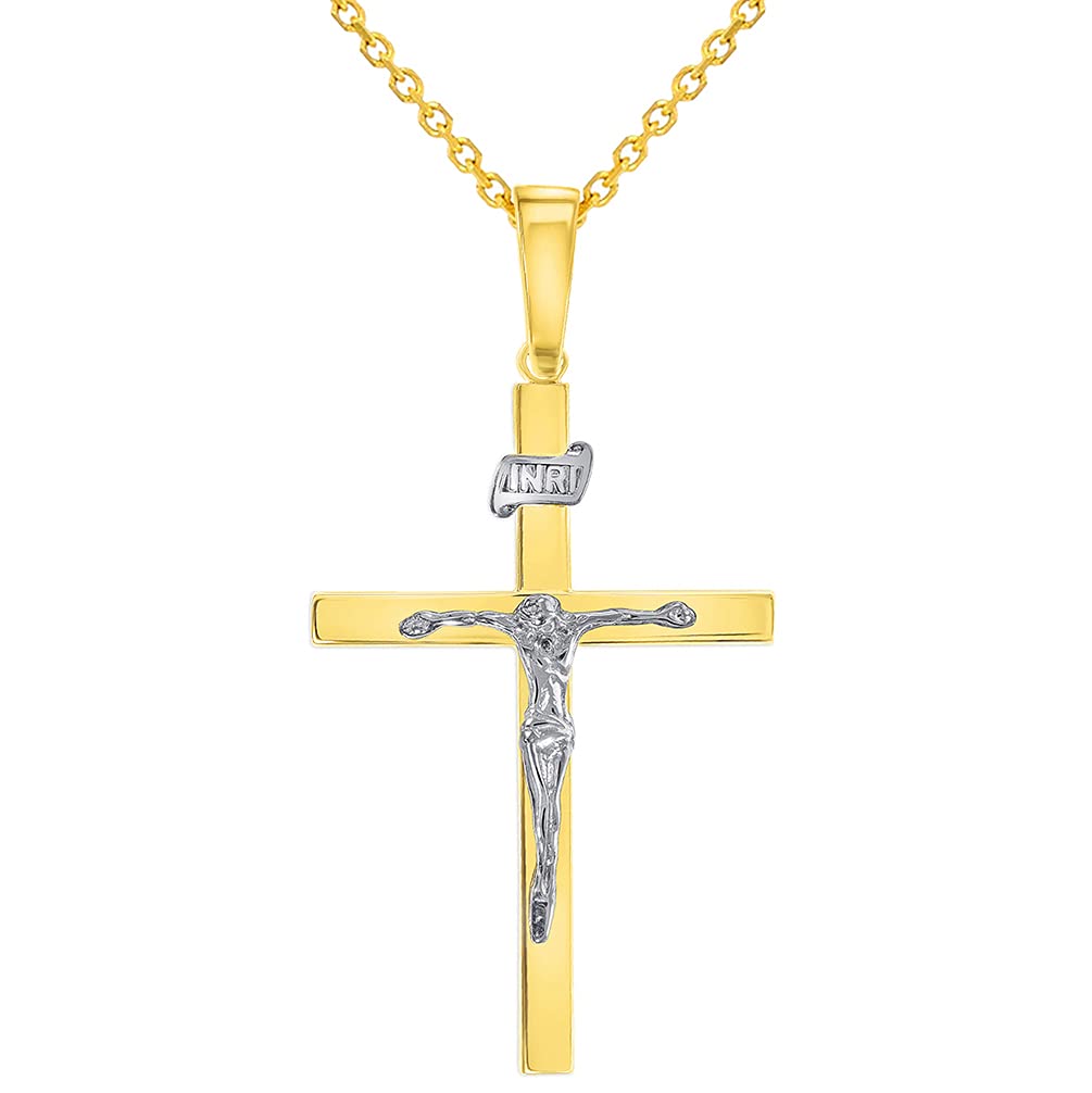 14k Two-Tone Gold 3D INRI Catholic Christian Crucifix Cross Pendant Necklace