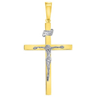 Load image into Gallery viewer, 14k Two-Tone Gold 3D INRI Catholic Christian Crucifix Cross Pendant with Figaro Chain Necklace
