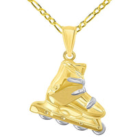 Load image into Gallery viewer, High Polish 14k Yellow Gold 3D Roller Skate Two-Tone Inline Roller Blade Pendant With Cable, Curb or Figaro Chain Necklace
