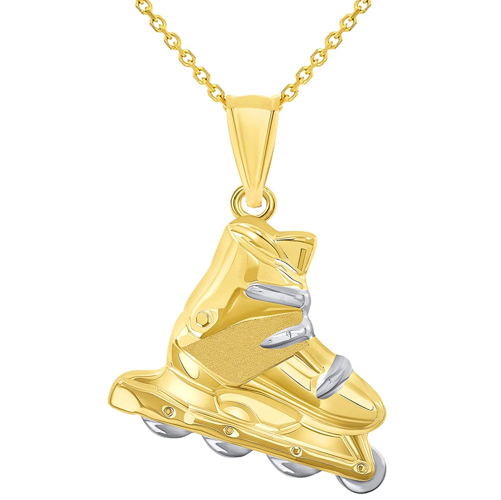 High Polish 14k Yellow Gold 3D Roller Skate Two-Tone Inline Roller Blade Pendant With Cable, Curb or Figaro Chain Necklace