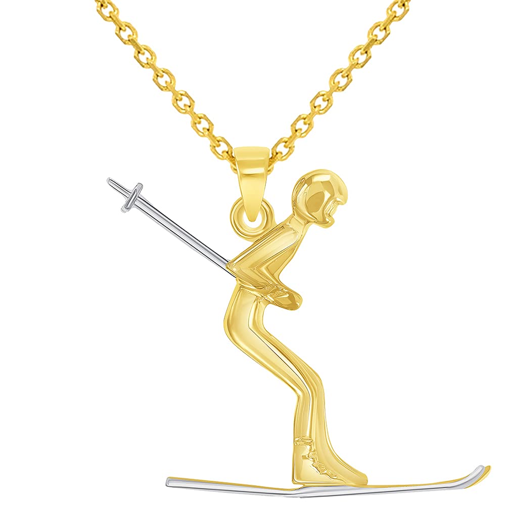 14k Yellow Gold 3D Snow Skier Skiing Two Tone Sports Pendant With Cable, Curb or Figaro Chain Necklace