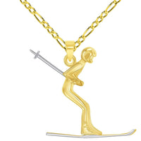 Load image into Gallery viewer, 14k Yellow Gold 3D Snow Skier Skiing Two Tone Sports Pendant With Cable, Curb or Figaro Chain Necklace
