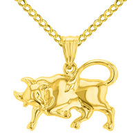 Load image into Gallery viewer, High Polish 14k Yellow Gold 3D Taurus Zodiac Sign Bull Animal Pendant With Cable, Curb or Figaro Chain Necklace
