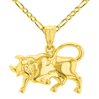 Load image into Gallery viewer, High Polish 14k Yellow Gold 3D Taurus Zodiac Sign Bull Animal Pendant With Cable, Curb or Figaro Chain Necklace
