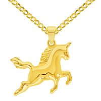 Load image into Gallery viewer, 14k Yellow Gold 3D Unicorn Charm Magical Horse Pendant Rolo Cable, Curb, or Figaro Chain Necklaces
