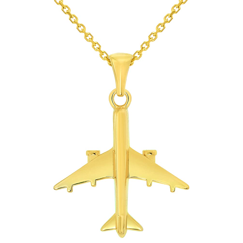 Solid 14k Yellow Gold 3D Vertical Airplane Jet Aircraft Pendant with Rolo Cable, Cuban Curb, or Figaro Chain Necklaces