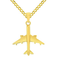 Load image into Gallery viewer, Solid 14k Yellow Gold 3D Vertical Airplane Jet Aircraft Pendant with Rolo Cable, Cuban Curb, or Figaro Chain Necklaces
