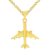 Load image into Gallery viewer, Solid 14k Yellow Gold 3D Vertical Airplane Jet Aircraft Pendant with Rolo Cable, Cuban Curb, or Figaro Chain Necklaces

