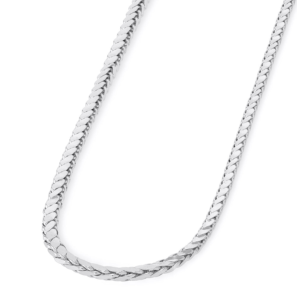 14k White Gold 3mm Hollow Square Braided D/C Wheat Chain Necklace with Lobster Claw Clasp (Diamond-Cut)