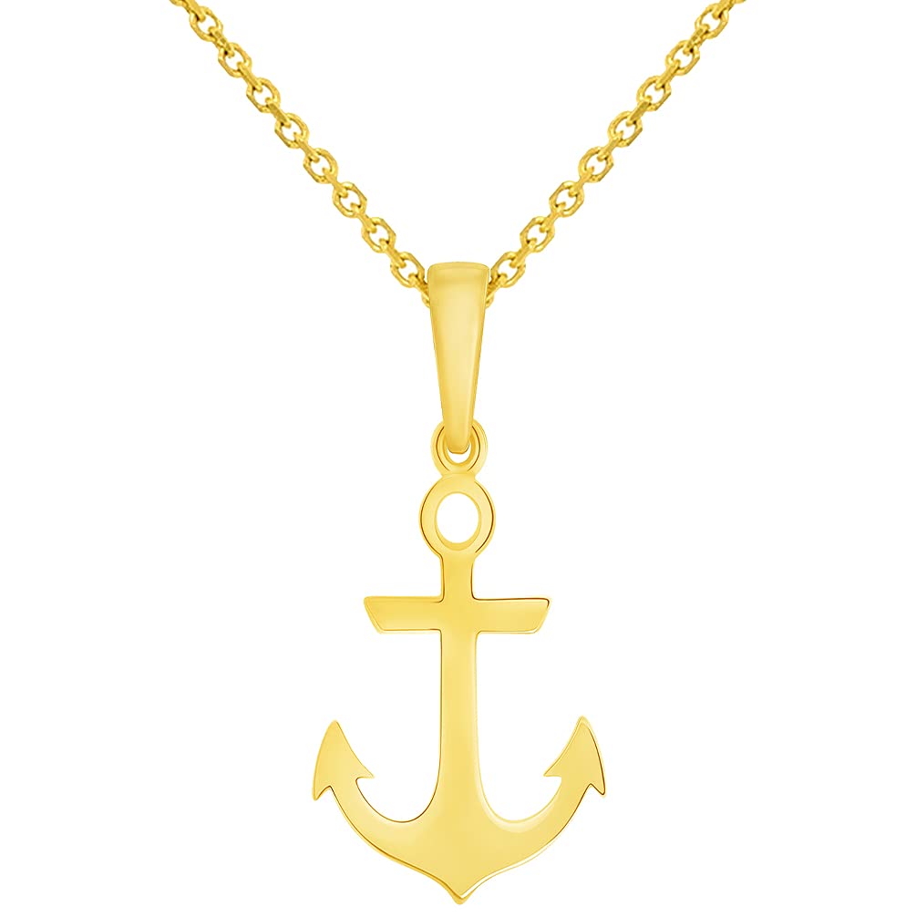 Solid 14k Yellow Gold Anchor Silhouette Charm Nautical Pendant with Rolo Cable, Cuban Curb, or Figaro Chain Necklaces