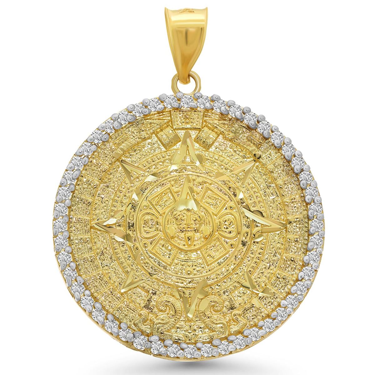 14k Yellow Gold Aztec Sun Calendar Medallion Pendant with Cubic Zirconia - 3 Sizes