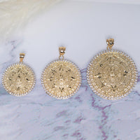 Load image into Gallery viewer, 14k Yellow Gold Aztec Sun Calendar Medallion Pendant with Cubic Zirconia - 3 Sizes
