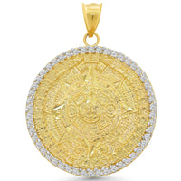 Load image into Gallery viewer, 14k Yellow Gold Aztec Sun Calendar Medallion Pendant with Cubic Zirconia - 3 Sizes
