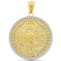 Load image into Gallery viewer, 14k Yellow Gold Aztec Sun Calendar Medallion Pendant with Cubic Zirconia - 3 Sizes
