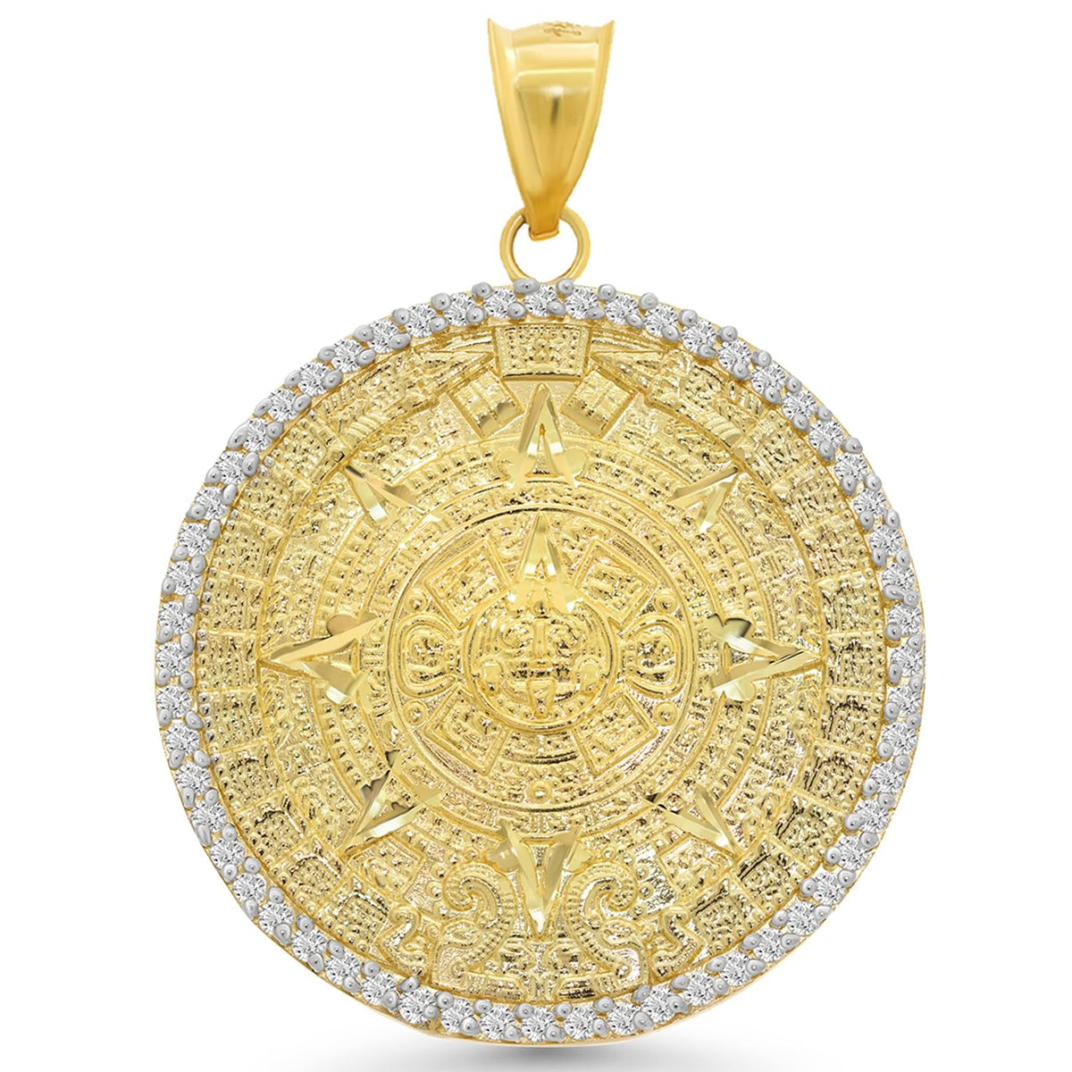 14k Yellow Gold Aztec Sun Calendar Medallion Pendant with Cubic Zirconia - 3 Sizes