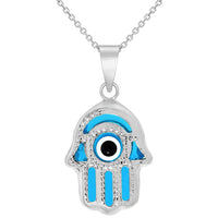 Load image into Gallery viewer, 14k White Gold Blue Evil Eye Hamsa Hand Charm Pendant Necklace
