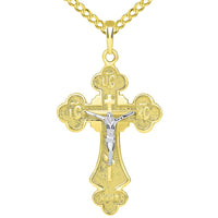 Load image into Gallery viewer, 14k Two Tone Gold Botonnee St. Olga Orthodox Cross IC XC NIKA Crucifix Pendant with Cuban Necklace

