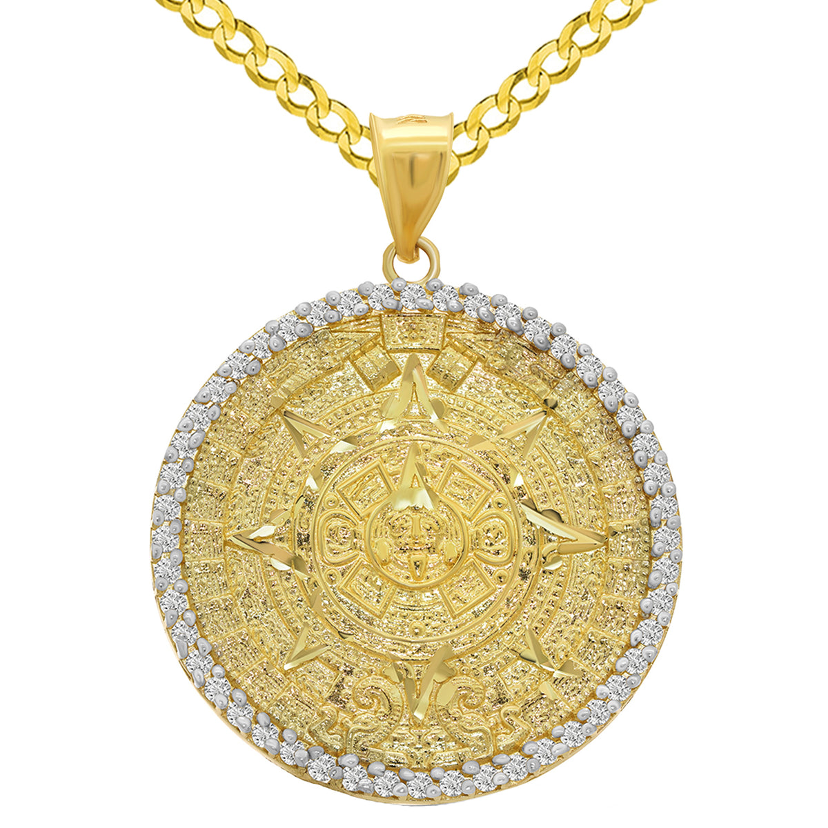 14k Yellow Gold CZ Aztec Sun Calendar Medallion Pendant with Rolo Chain, Cuban Chain Curb or Figaro Chain Necklace
