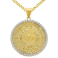 Load image into Gallery viewer, 14k Yellow Gold CZ Aztec Sun Calendar Medallion Pendant with Rolo Chain, Cuban Chain Curb or Figaro Chain Necklace

