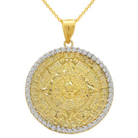 Load image into Gallery viewer, 14k Yellow Gold CZ Aztec Sun Calendar Medallion Pendant with Rolo Chain, Cuban Chain Curb or Figaro Chain Necklace
