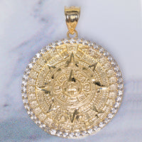 Load image into Gallery viewer, 14k Yellow Gold CZ Aztec Sun Calendar Medallion Pendant with Rolo Chain, Cuban Chain Curb or Figaro Chain Necklace
