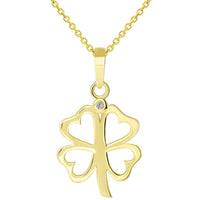 Load image into Gallery viewer, Solid 14k Yellow Gold CZ Four Leaf Clover with Open Heart Design Charm Pendant Necklace
