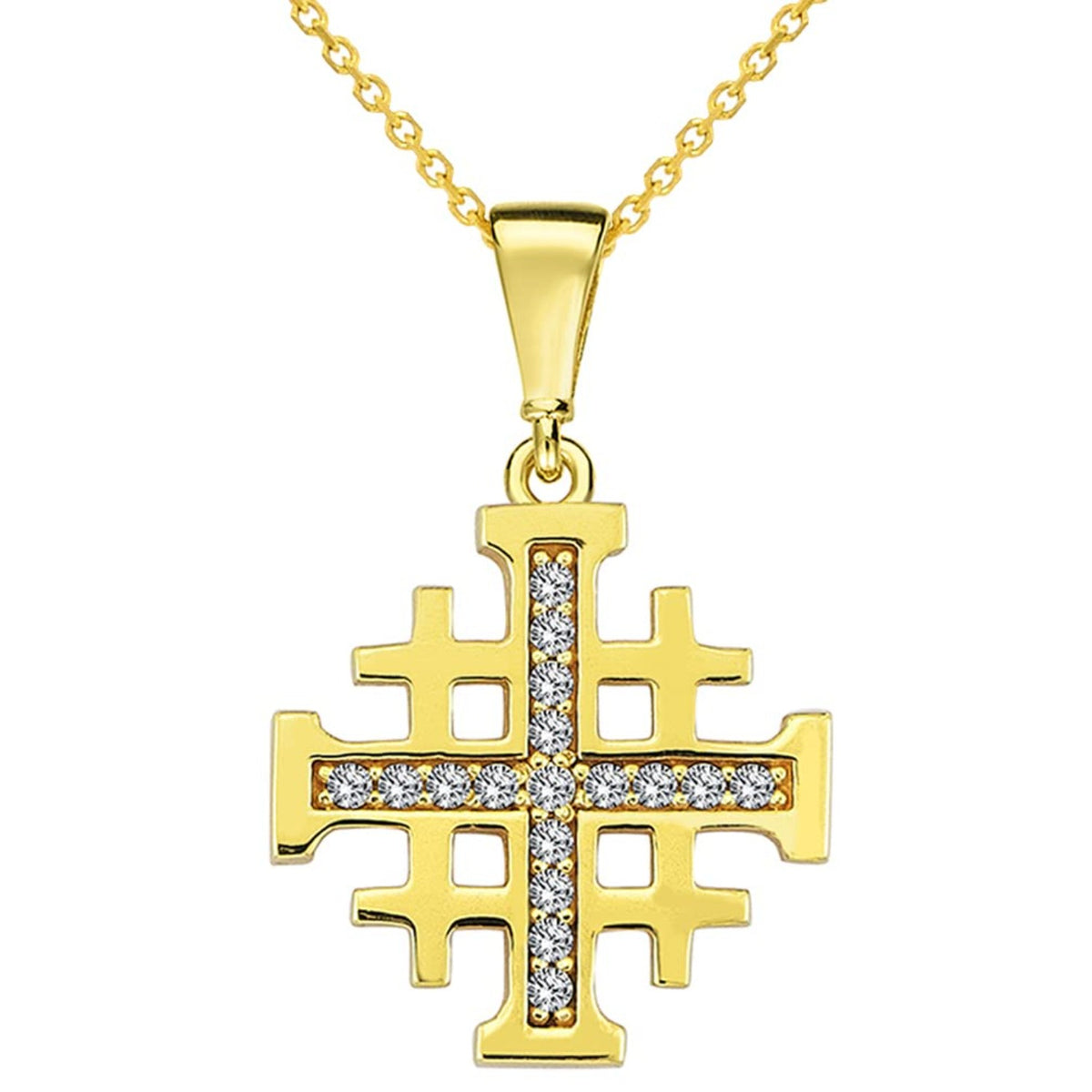 Solid 14k Yellow Gold CZ Religious Crusaders Jerusalem Cross Pendant Necklace