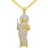Load image into Gallery viewer, 14k Yellow Gold CZ Saint Jude Pendant with Cuban Curb Chain Necklace - 3 Sizes
