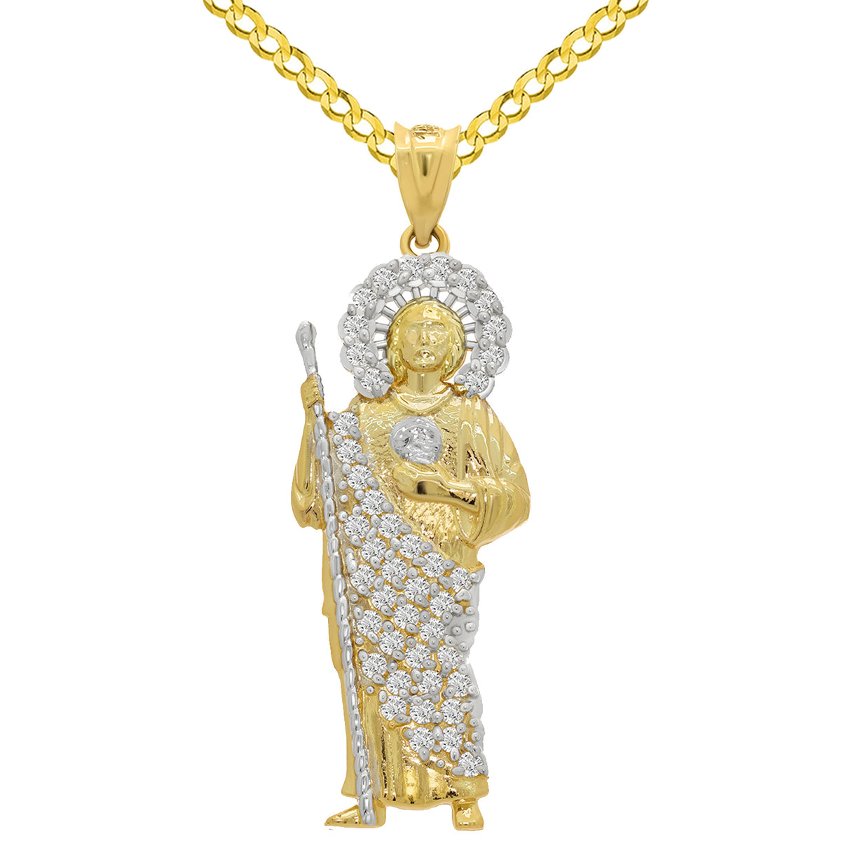 14k Yellow Gold CZ Saint Jude Pendant with Cuban Curb Chain Necklace - 3 Sizes