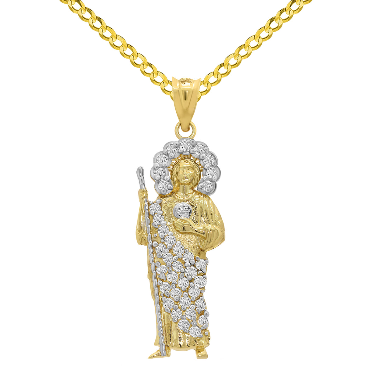 14k Yellow Gold CZ Saint Jude Pendant with Cuban Curb Chain Necklace - 3 Sizes