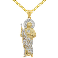 Load image into Gallery viewer, 14k Yellow Gold CZ Saint Jude Pendant with Cuban Curb Chain Necklace - 3 Sizes
