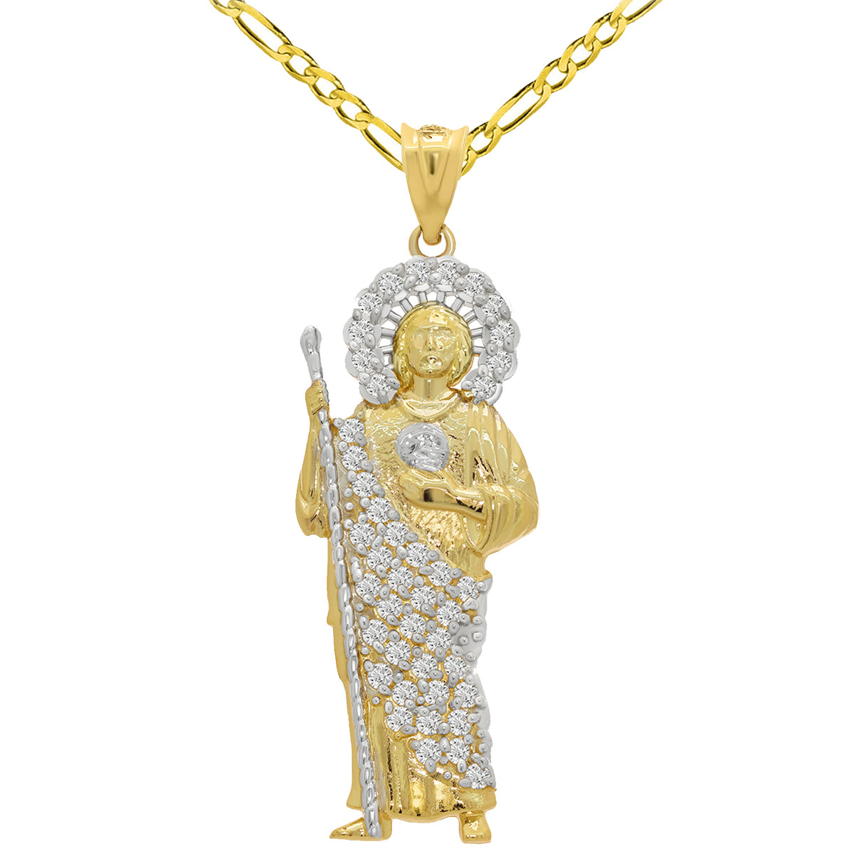 14k Yellow Gold CZ Saint Jude Pendant with Figaro Chain Necklace - 3 Sizes