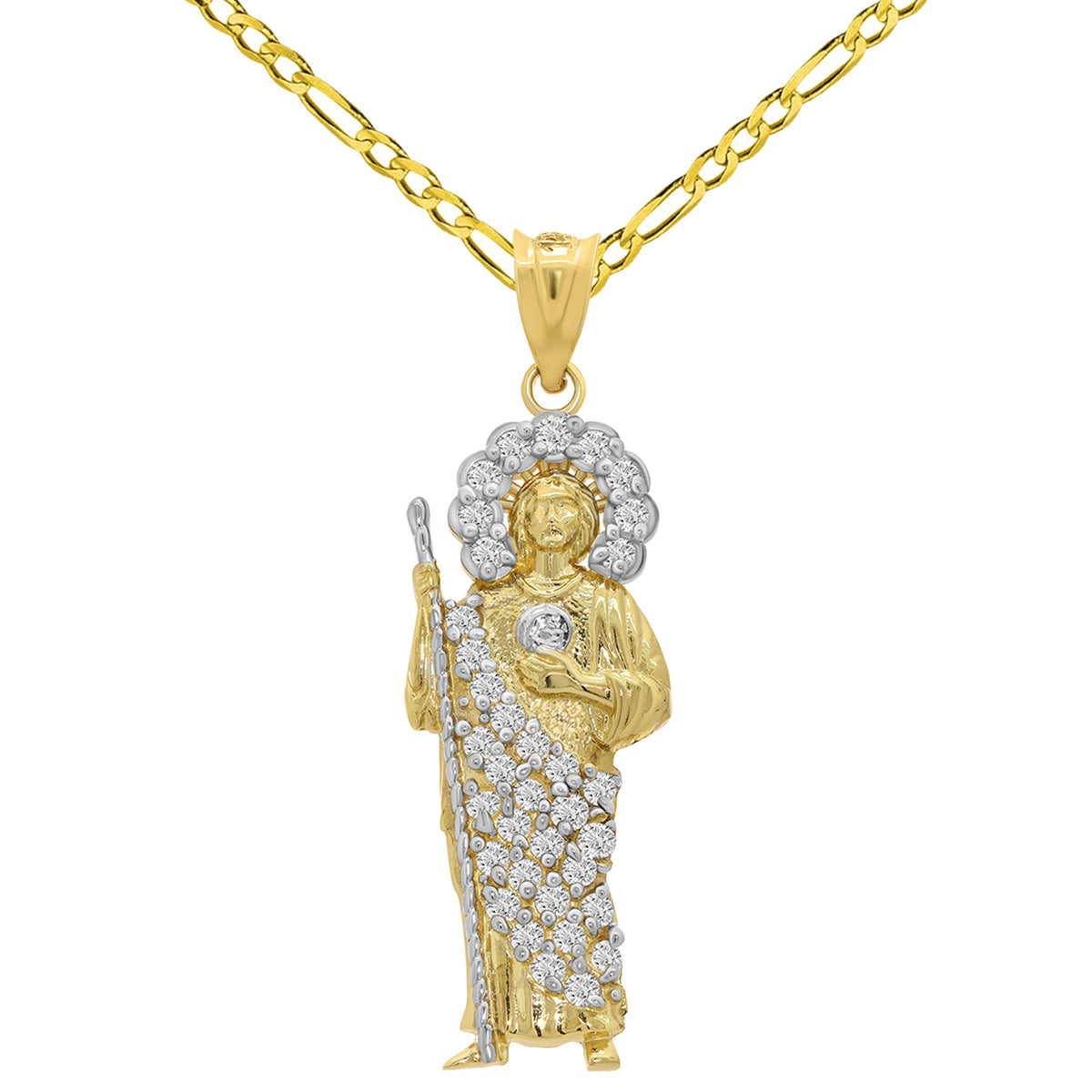 14k Yellow Gold CZ Saint Jude Pendant with Figaro Chain Necklace - 3 Sizes