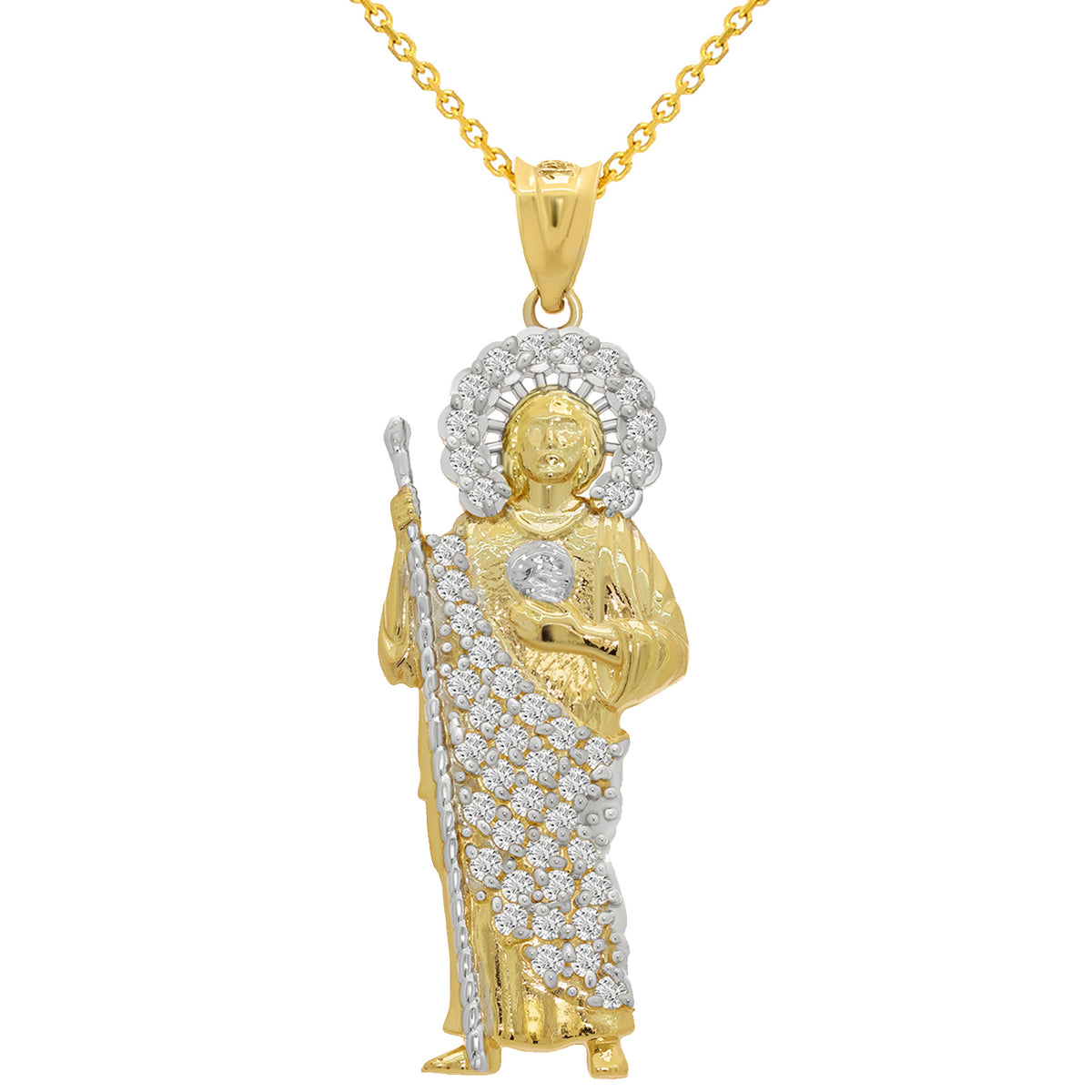 14k Yellow Gold CZ Saint Jude Pendant with Rolo Chain Necklace - 3 Sizes
