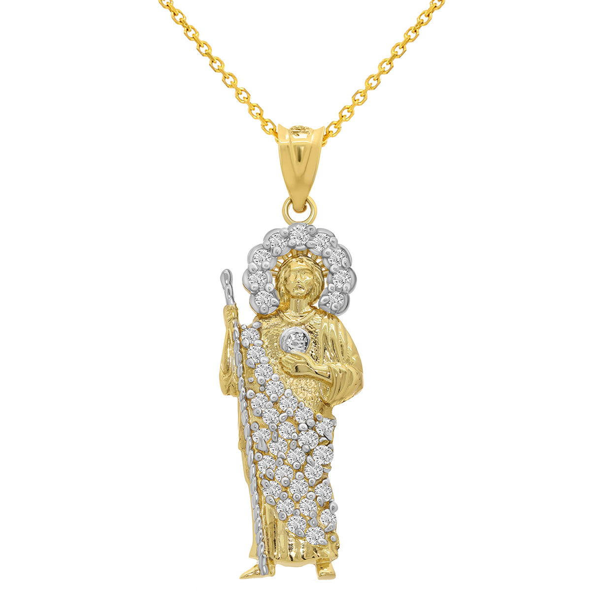 14k Yellow Gold CZ Saint Jude Pendant with Rolo Chain Necklace - 3 Sizes