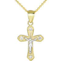 Load image into Gallery viewer, 14k Two Tone Gold CZ Small Crucifix Religious Cross Charm Pendant Necklace
