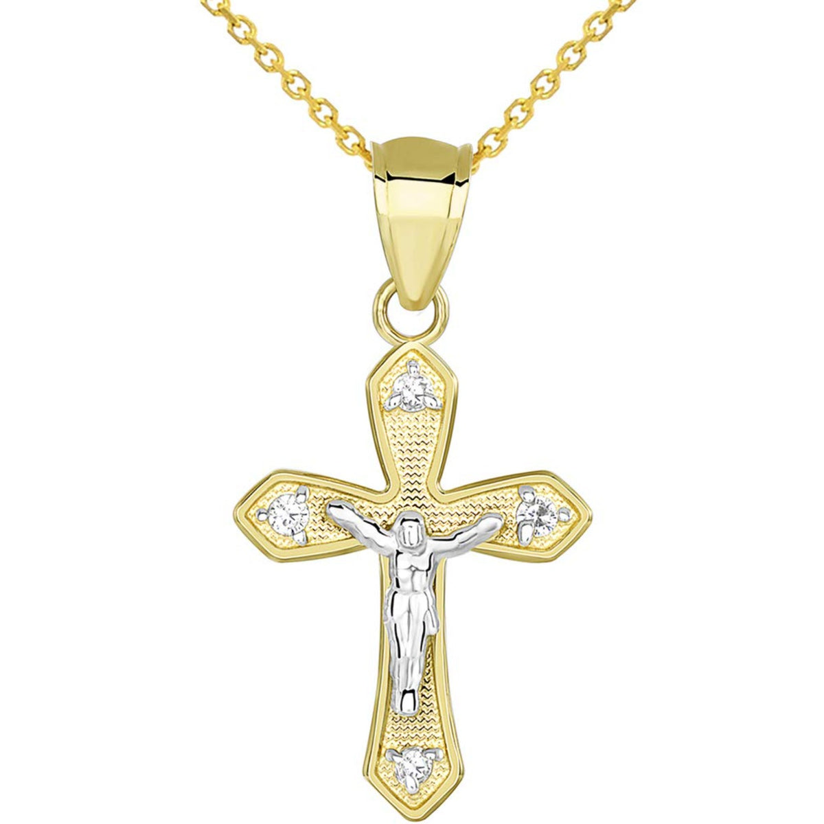 14k Two Tone Gold CZ Small Crucifix Religious Cross Charm Pendant Necklace