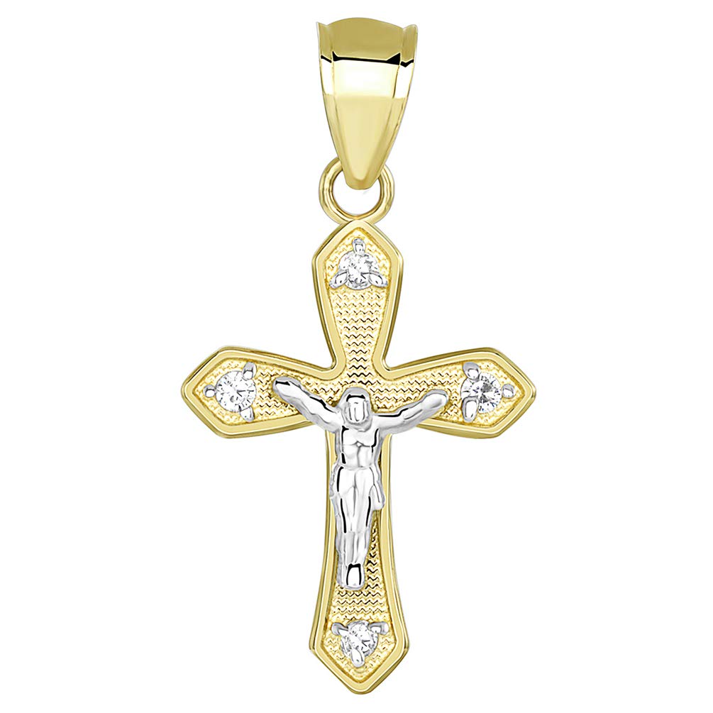 14k Two Tone Gold CZ Small Crucifix Religious Cross Charm Pendant