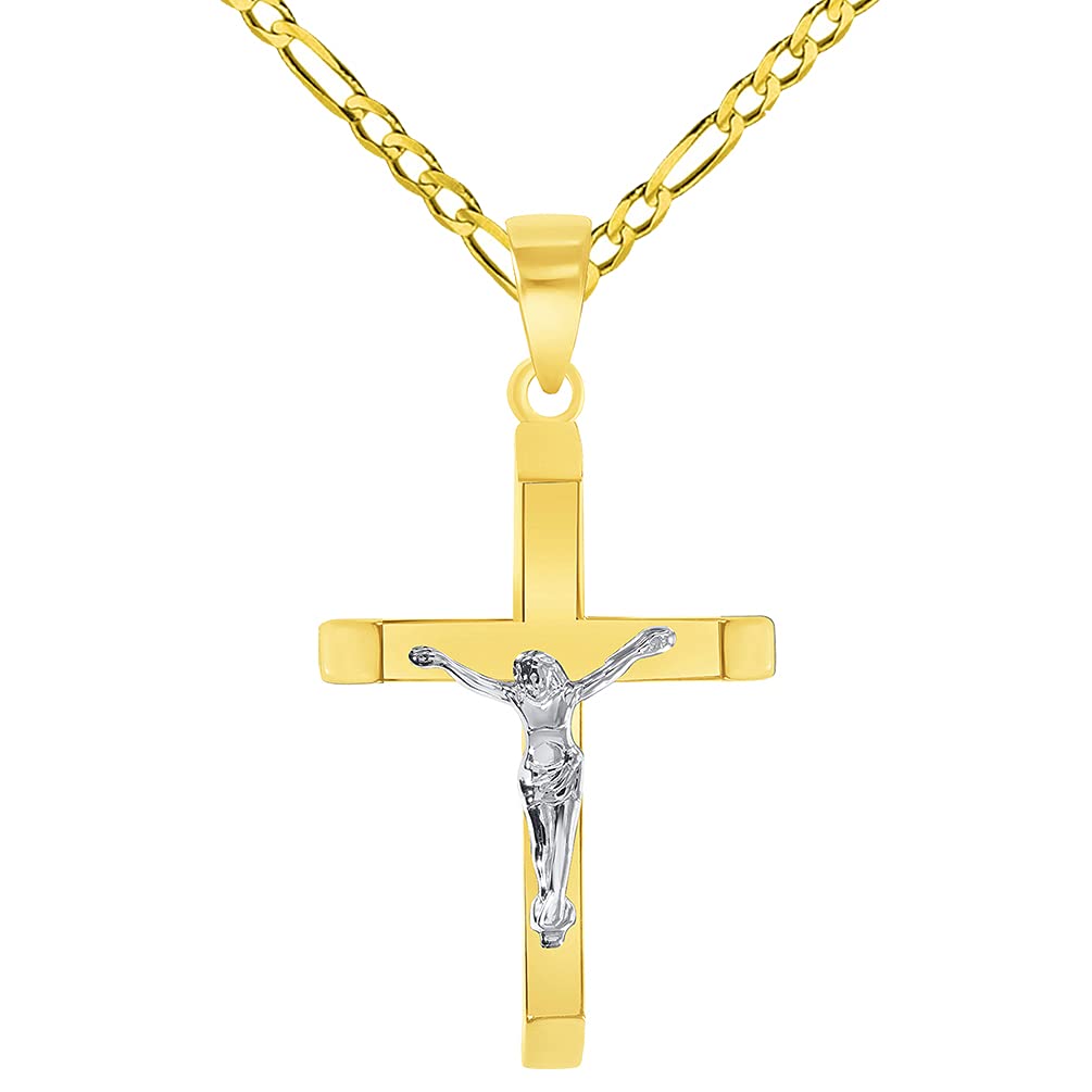 14k Two-Tone Gold 3D Catholic Christian Crucifix Slanted-Edge Cross Pendant with Figaro Chain Necklace