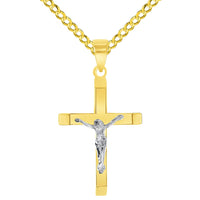 Load image into Gallery viewer, 14k Two-Tone Gold 3D Catholic Christian Crucifix Slanted-Edge Cross Pendant with Cuban Chain Curb Necklace
