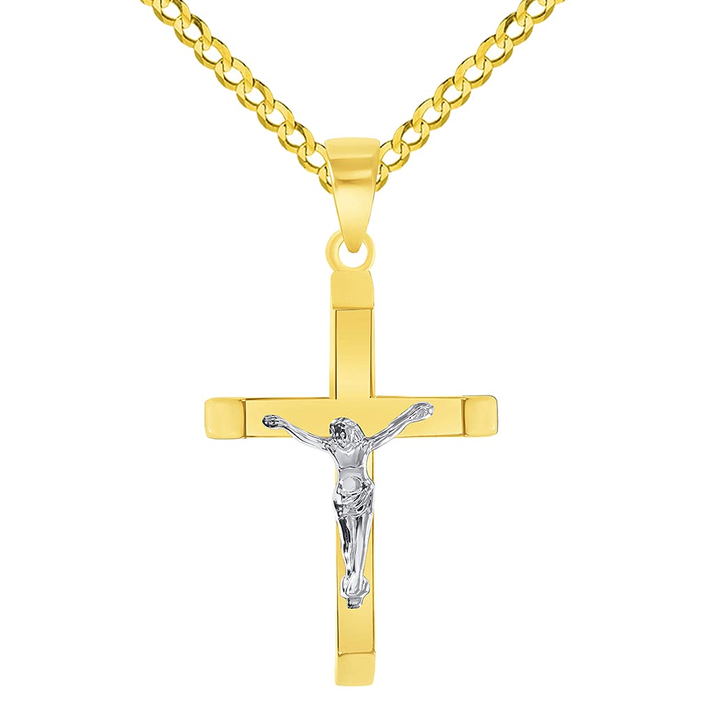 14k Two-Tone Gold 3D Catholic Christian Crucifix Slanted-Edge Cross Pendant with Cuban Chain Curb Necklace