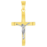 Load image into Gallery viewer, 14k Two-Tone Gold 3D Catholic Christian Crucifix Slanted-Edge Cross Pendant with Figaro Chain Necklace
