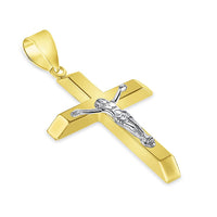 Load image into Gallery viewer, 14k Two-Tone Gold 3D Catholic Christian Crucifix Slanted-Edge Cross Pendant with Figaro Chain Necklace
